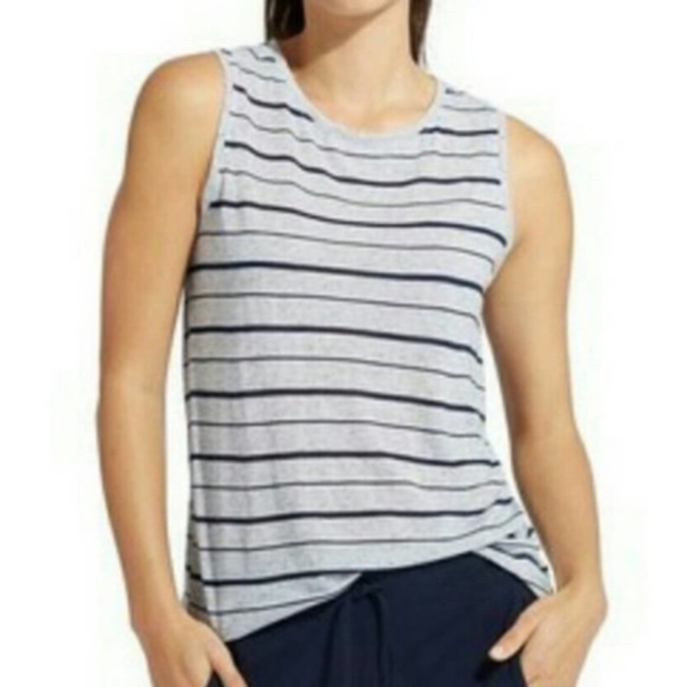 Athleta Asana Muscle Soft Linen Blend Navy/Gray Multi-Striped Tank/Tee